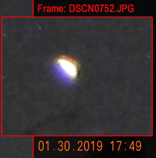 This is a close-up of the triangular craft that was spotted on photographed on Jan. 30, 2019. It raced into the area, stopped & then moved in split-second bursts across the sky, finally disappearing in the canyons behind the BigM mountain.

(c)2019MarianRudnyk.
