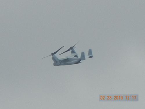 After the "McDiner UFO Event" of 2017 an ever-growing military presence has engulfed the region. Seen here is an unmarked V-22 Osprey military aircraft circling over Marian Rudnyk's house which sits just north of the McDiner, nestled in the foothills. [(c)2017MarianRudnyk. All Rights Reserved.]