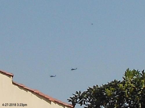 On April 27, 2018 these two Blackhawk military helicopters overflew my house - seemingly unaware they were being followed by a dark orb! As the helicopters flew away, I stood in disbelief watching the orb follow, & the n suddenly burst off skyward & disappear.

(c)2018MarianRudnyk.
