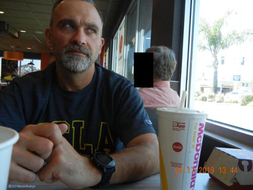 The infamous "Man In Pink" (a.k.a. "MIP") event took place at the site of my 2017 McDiner UFO Event. Seen here is my cousin Marko. We were having lunch when the MIP came. Coldly looking me straight in the eyes placed a listening device. Marko & I weighed our options...

(c)2019MarianRudnyk 
