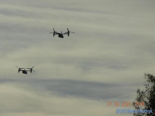 This pair of military Osprey overflew me over a visit to a friend's house in Duarte, CA on Jan. 30, 2020 & offered me a unique vantage view as the headed towards the BigM mountain in Monrovia, CA.

Make sure to also check out the dramatic posted video of this event.