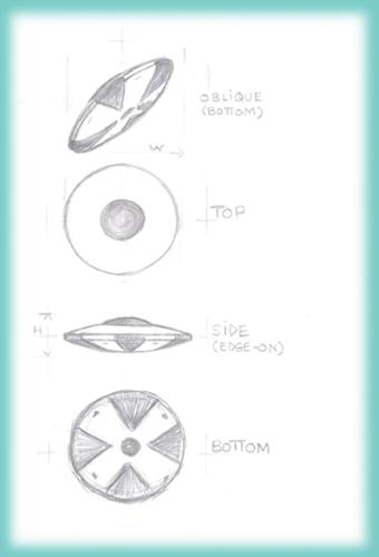 Sketches I made of the McDiner Event UFOs (1-1-2017) showing one of the craft from various perspectives.[(c)2017MarianRudnyk. All Rights Reserved.]