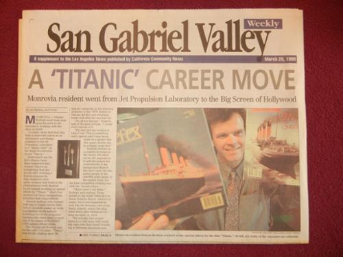 On May 20, 1998, the  LA Times, San Gabriel section ran a front page feature article about my work on James Cameron's famous epic, TITANIC. The article was the first of many that reflected the press interest in my surprising transition from NASA to Hollywood.