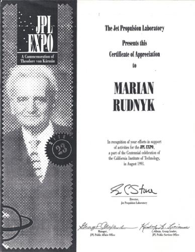 I received this "Certificate of Appreciation" for helping run the JPL-NASA Expo during the summer of 1981. Running one weekend, we averaged an attendance of over 30,000+ people per day - fun times!

(c)1981/2021MarianRudnyk