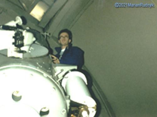 Here I am at the Palomar 18" telescope hand-mounting a large metal assembly that contained the specially treated "hot-Hydrogen hyped" film. Each exposure was loaded, shot, removed, developed - & then next one loaded - one at a time - true classic Astronomy at its finest!

(c)1987/2021MarianRudnyk