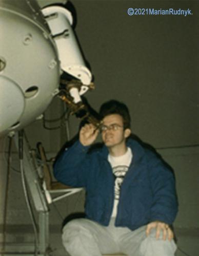 Here I am preparing the guide scope on the Palomar 18" Schmidt Telescope. Exposure times ranged from 3-5 minutes - sometimes more. Unlike today's automated digital systems, we HAND-guided/tracked the telescope using a guide star.
(c)1985/2021MarianRudnyk. 