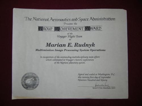 For my work as part of the Voyager 2 mission flight team, doing imaging/science, during the summer of 1989, members of the team & I all received these nice official awards from NASA in recognition of the historic Neptune Encounter.

(c)1989/2021MarianRudnyk